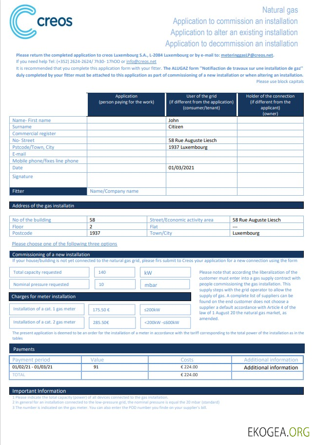 Luxembourg Creos gas utility bill template in Word and PDF format 
